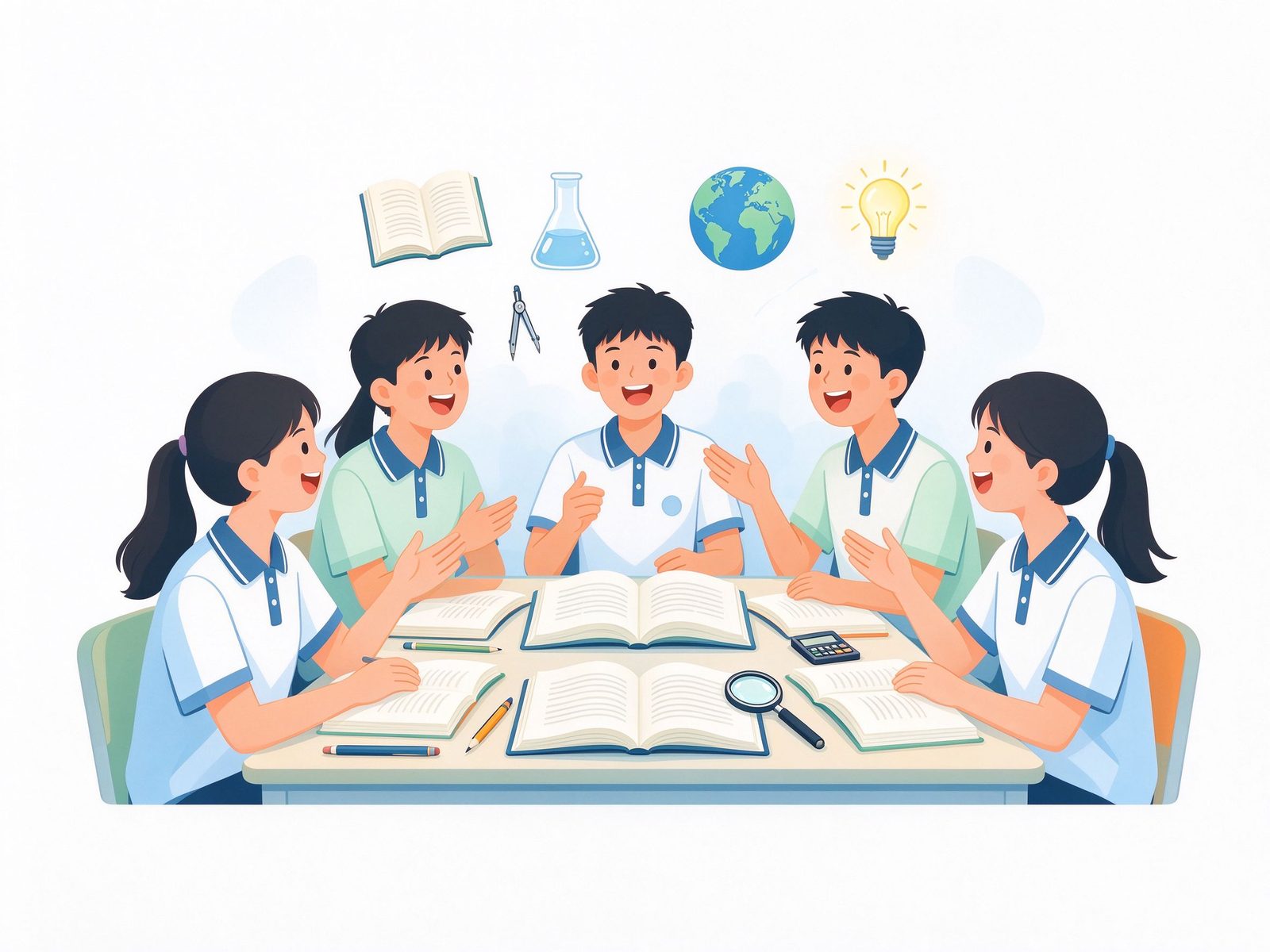 同学们一起学习讨论的插画